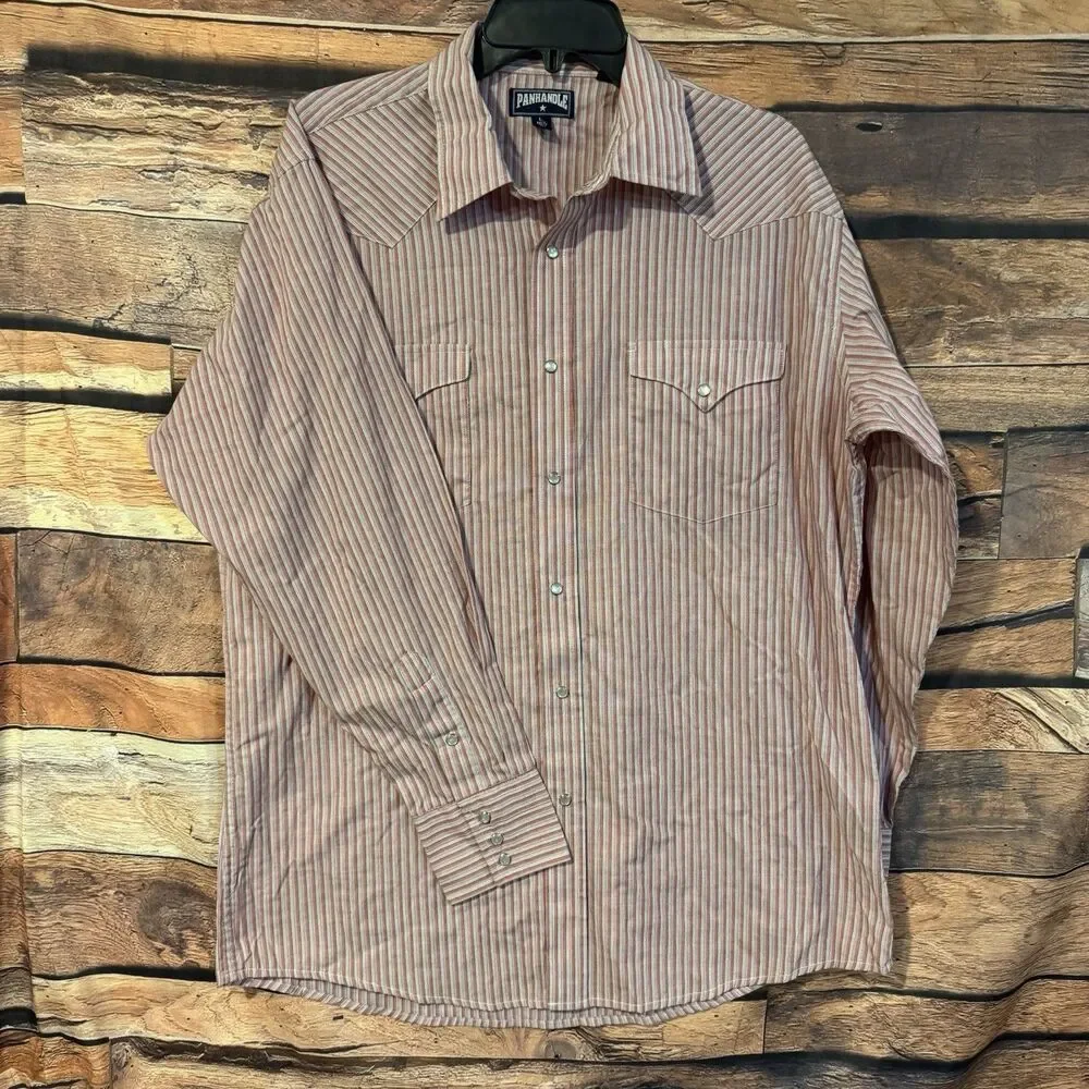 Panhandle Slim Western Shirt Mens L 16.5 Pearl Snap Red Blue Stripe Long Sleeve
